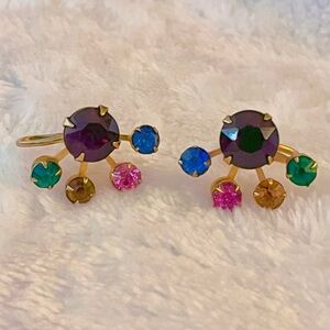 Vintage Rhinestone Screwback Earrings Gold Tone Prong Set Colorful Purple
